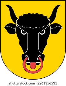 Black, yellow and red coat of arms with bull of Swiss Canton Uri. Illustration made February 12th, 2023, Zurich, Switzerland.