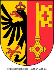 Black, yellow and red coat of arms with black eagle and key of Swiss Canton Geneva. Illustration made February 13th, 2023, Zurich, Switzerland.