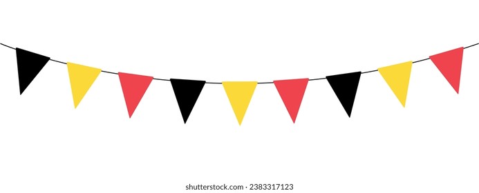 black, yellow and red triangle flag banner, belgium pennant garland, panoramic vector illustration