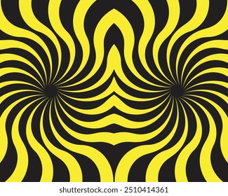 Black and yellow Retro background with curved beams or stripes from spiral stripes. Colorful retro wave striped vintage sun flare. Vector illustration. Vector swirl pattern background