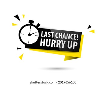 schwarz-gelbes Band mit Uhr und letzte Chance beeilen Sie sich das Siegel. Verkaufsbanner mit Countdown-Wecker für Einzelhandel, Shop, Social Media, Werbung. Vektorgrafik