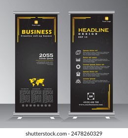 Schwarz-Gelb Roll-up Banner Vorlage Vektorgrafik mit Luxus-Look, Werbung, X-Banner, Poster, Pull-up Design, Display, Layout, Business Flyer, Web Banner, Ausstellung,