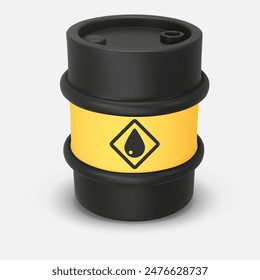 Black and yellow round metal drums. 3D rendering. Vector illustration isolated on white. Barrel of oil. Dangerous chemical liquids, flammable gases, waste. Oil Industry, Petrol Sign