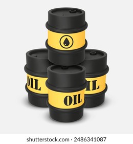 Black and yellow round metal drums. 3D rendering. Vector illustration isolated on white. Barrel of oil. Dangerous chemical liquids, flammable gases, waste. Oil Industry, Petrol Sign