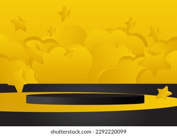 Black and yellow Sci-fi product display. Futuristic Mockup vector 3D room, cylinder pedestal podium. Abstract minimal geometric forms stage showcase for presentation, empty scene.