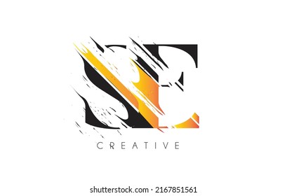 Black and Yellow SE Letter Logo with Vintage Grundge Cut Design. Destroyed Drawing Elegant Letter Icon Vector. 