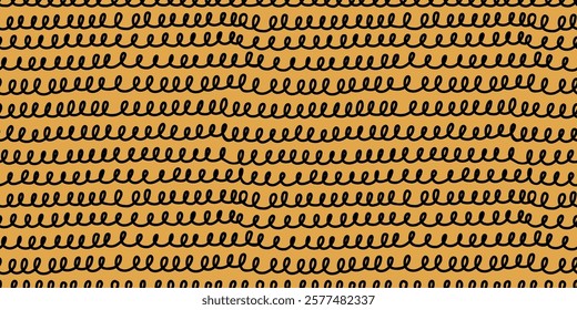 Black and yellow seamless pattern with hand drawn curly wavy lines, resembling a coiled telephone cord. Modern doodle design, perfect for fabric, packaging, wallpapers, branding. Vector illustration