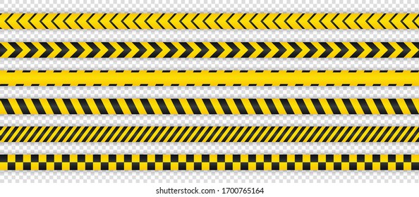 Black and yellow seamless warning stripe line pack. Stop, Police, Warning, Danger, Quarantine, Under Construction, Do not cross concept. Realistic crime isolation border tapes with shadows. Vector