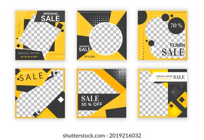 Black and yellow set of blank minimal square banner template for social media post and web ads. Special offer, weekend sale, flash sale, 50 70 off. Flat cartoon illustration vector concept design