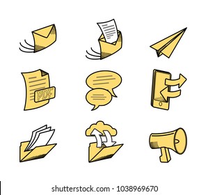 Black and yellow set of nine communication icons. Vector illustration. 