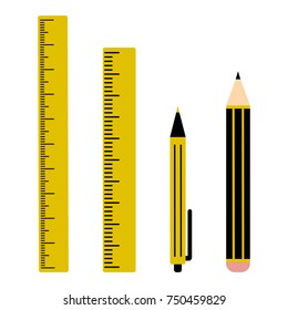 Black and yellow set of two rulers, pen and pencil. Vector illustration