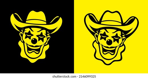 Black and yellow silhouette of a clown cowboy head, suitable for identity logos or brand logos.