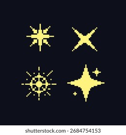 preto e amarelo simples plana 1 bit vetor pixel art conjunto de diferentes estilizações de ícones de estrela e brilho. efeito brilho sinaliza este item bom para apresentações, adesivos, ícones
