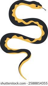 A black and yellow snake twists gracefully, showcasing its smooth scales in a striking flat vector style.