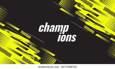 Design de fundo preto e amarelo esporte com traçados de pincel Grunge e estilo de meio-tom. Adequado para banner de evento ou design de pôster