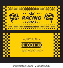 Black and yellow sports racing banners with checkered flags and stars for racing competitions and rally banners