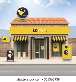 Black and yellow store design with dialog clouds. Elements of outdoor advertising. Corporate identity