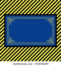 Fondo rayado negro y amarillo con etiqueta de nombre en el marco cuadrado azul