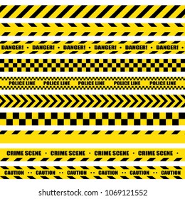 Black and yellow stripes. Barricade tape, Do not cross, police, crime danger line, bright yellow official crime scene barrier tape. Vector flat style cartoon illustration isolated on white background