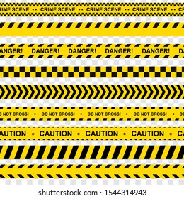 Black and yellow stripes. Barricade tape, Do not cross, police, crime danger line, bright yellow official crime scene barrier tape. Vector on transparent background