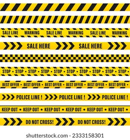 Black and yellow stripes. Barricade tape, Do not cross, police, crime danger line, bright yellow official crime scene barrier tape. Big set of danger caution seamless tapes. Vector illustration