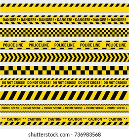 Black and yellow stripes. Barricade tape, Do not cross, police, crime danger line, bright yellow official crime scene barrier tape. Vector flat style cartoon illustration isolated on white background
