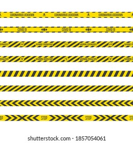 Black and yellow stripes. Coronavirus tape collection isolated on white background. Set of Dangerous COVID 19 Ribbon. Coronavirus lockdown Warning, Danger tapes. Vector illustration EPS 10.