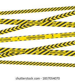 Black and yellow stripes. Coronavirus tape collection isolated on white background. Set of Dangerous COVID 19 Ribbon. Coronavirus lockdown Warning, Danger tapes. Vector illustration EPS 10.
