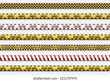 Black and yellow stripes set. Caution lines isolated. Warning tapes.  Do not cross, police, Danger signs lines. 