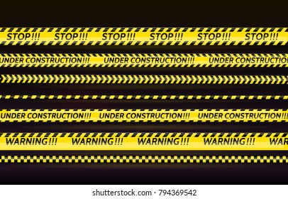 Black and yellow stripes set. Warning tapes. Danger signs. Caution,STOP,Under construction,Barricade tape, scene barrier tape. Vector flat style cartoon illustration isolated on background