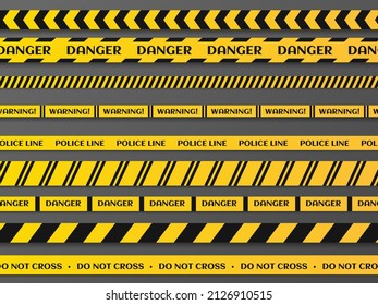 Black and yellow stripes vector police tape. Set of danger caution seamless tapes. Art design line of crime places.