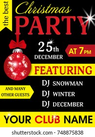Black and yellow template poster Christmas party and New Year with bauble. Holidays flyer design. Vector illustration.