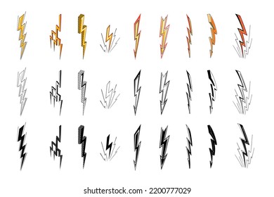 Black and yellow thunder sign and lightning bolt icons set on white background