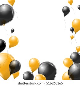 Black and yellow transparent helium balloons on white background. Flying latex ballons. Vector illustration. Holiday background for card, poster, flyer, voucher.