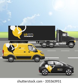 Black and yellow transport advertising design with dialog clouds. Templates of the truck, bus and passenger car. Corporate identity