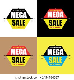 Black and yellow and Various colors available mega sale banner, special offer up to 40% off. Vector illustration.
