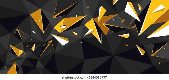 Fondo de bajo poli abstracto de Vector negro y amarillo, abstracción triangular poligonal 3D con estructura rota y partículas voladoras en movimiento.
