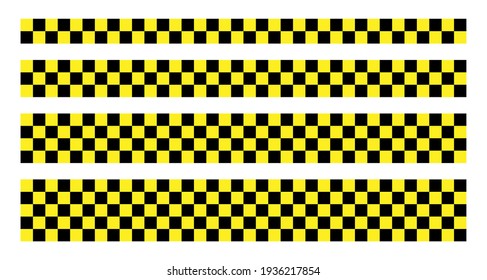 Conjunto de bandas de verificación vectorial de color negro y amarillo. Ilustración de cinta de línea decorativa sin costura.