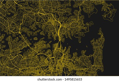 Black and yellow vector city map of Sydney with well organized separated layers.