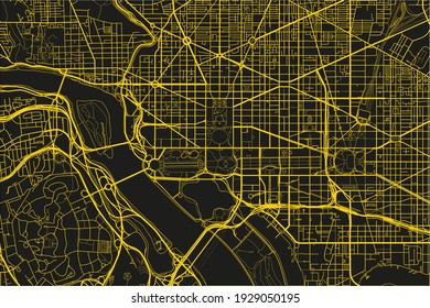 Black and yellow vector city map of Washington, D.C. with well organized separated layers.