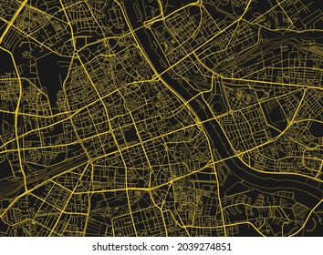 Black and yellow vector city map of Warsaw with well organized separated layers.