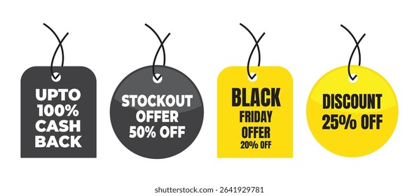 Black and Yellow Vector Discount Tags Set – Up to 100% Cashback, 50% Stockout Offer, 25% and 20% Off Labels – Black Friday, Promotional Sale, E-commerce Marketing, Clearance Shopping Badges.