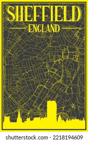 Black and yellow vintage hand-drawn printout streets network map of the downtown SHEFFIELD, ENGLAND with brown 3D city skyline and lettering