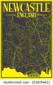 Black and yellow vintage hand-drawn printout streets network map of the downtown NEWCASTLE, ENGLAND with brown 3D city skyline and lettering