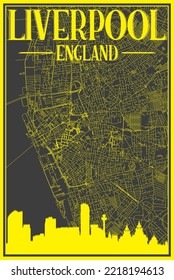 Black and yellow vintage hand-drawn printout streets network map of the downtown LIVERPOOL, ENGLAND with brown 3D city skyline and lettering