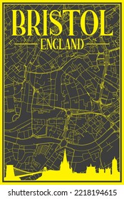 Black and yellow vintage hand-drawn printout streets network map of the downtown BRISTOL, ENGLAND with brown 3D city skyline and lettering