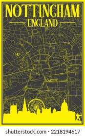 Black and yellow vintage hand-drawn printout streets network map of the downtown NOTTINGHAM, ENGLAND with brown 3D city skyline and lettering