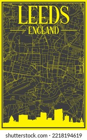 Black and yellow vintage hand-drawn printout streets network map of the downtown LEEDS, ENGLAND with brown 3D city skyline and lettering