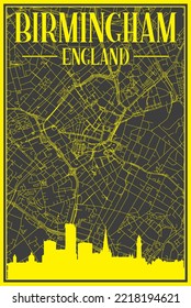 Black and yellow vintage hand-drawn printout streets network map of the downtown BIRMINGHAM, ENGLAND with brown 3D city skyline and lettering