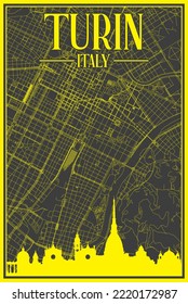 Black and yellow vintage hand-drawn printout streets network map of the downtown TURIN, ITALY with brown highlighted city skyline and lettering